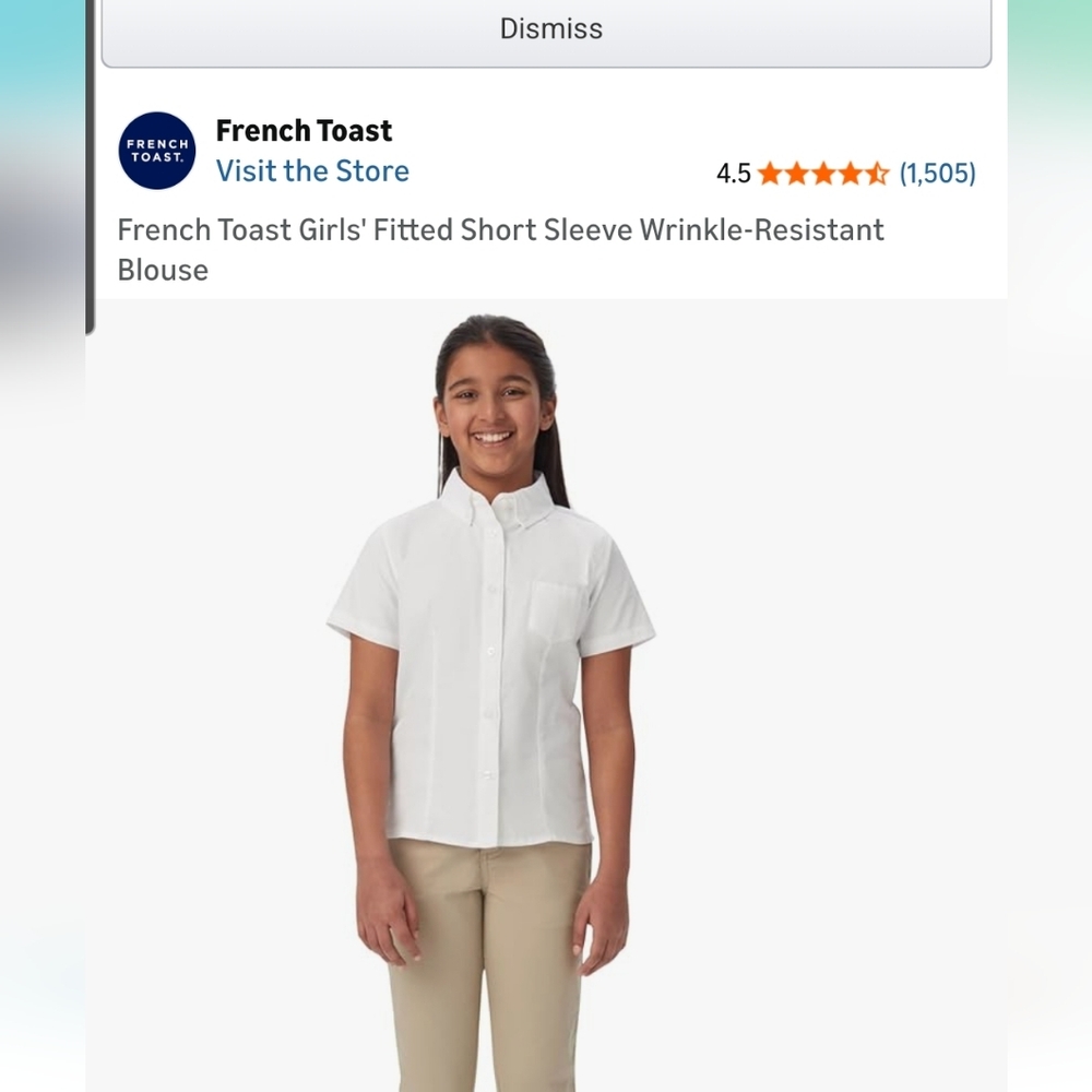 French Toast Girls Short Sleeve White Blouse. Button up Uniform Shirt. 18 Plus.